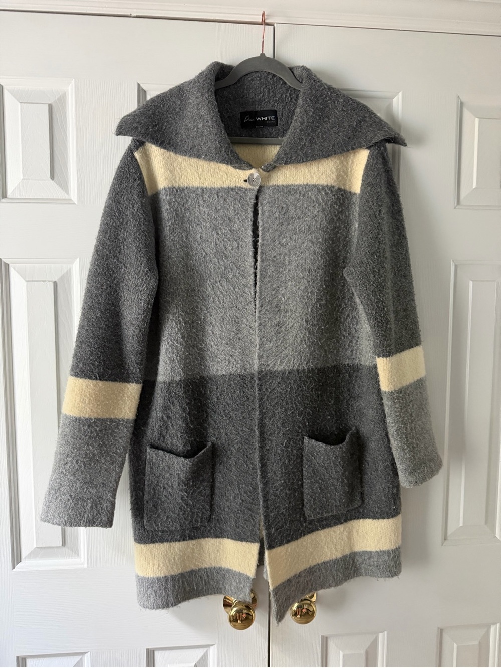 Donna White Striped Cardigan - Duster, Button Closure, Winter, Lagenlook, Artsy